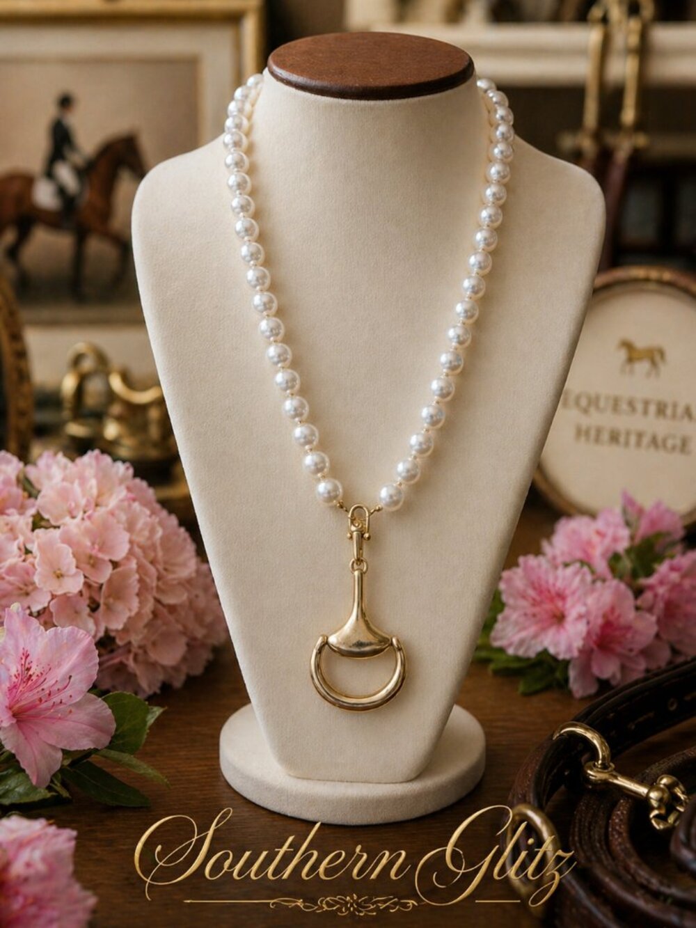 Pearl Snaffle Bit Necklace | Gold Equestrian Pendant Necklace | Southern Glitz H